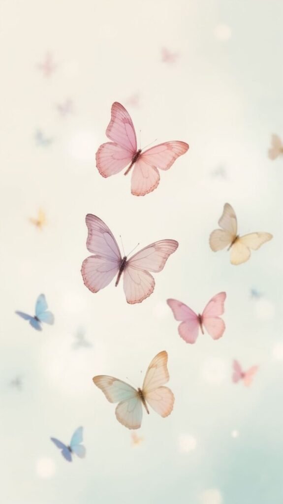 Pastel colored butterflies vertical background