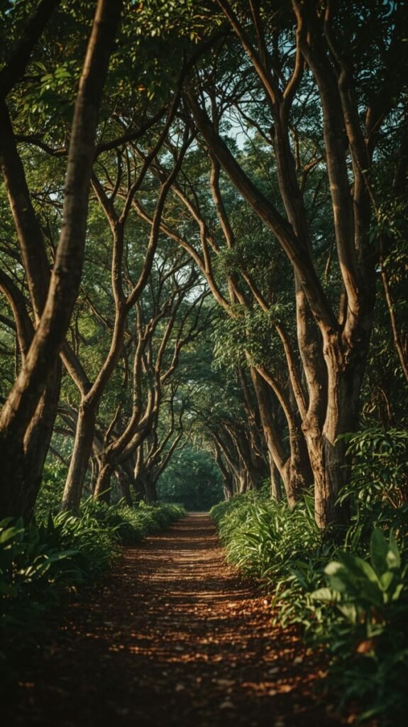 Vertical wallpaper of a tranquil jungle pathway surrounded by lush, thick forest.