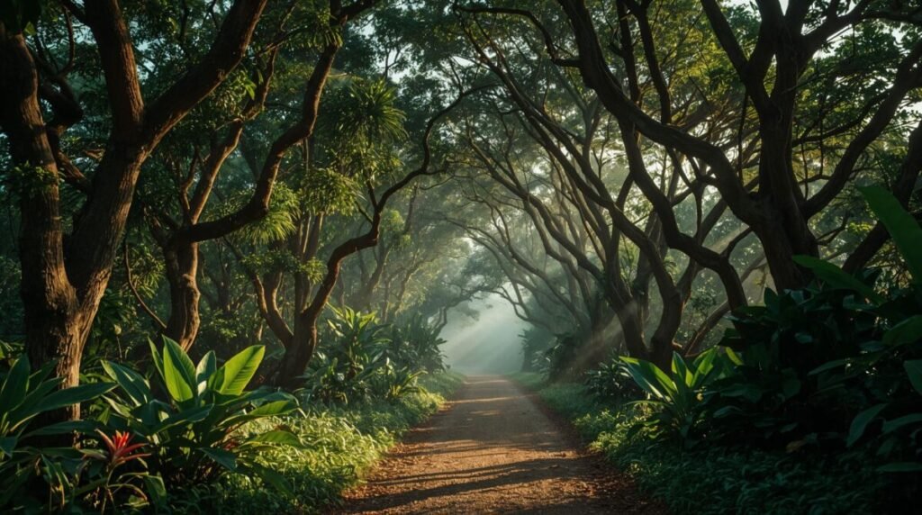 Peaceful jungle pathway with dense trees and foliage on both sides, horizontal view.
