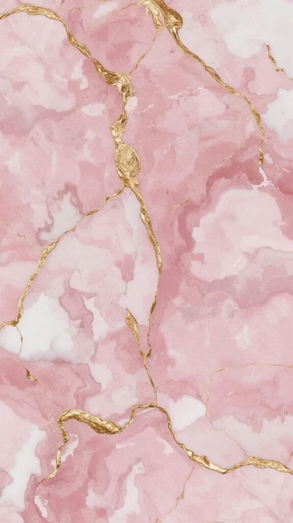 Pink and white marble wallpaper with gold veins