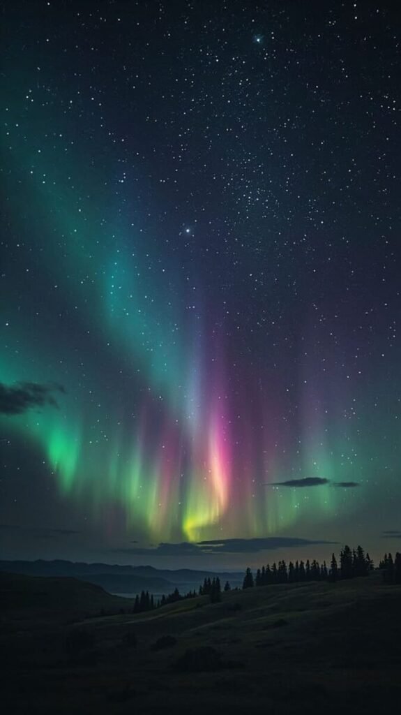 Rainbow Colored Aurora Borealis Swirling in Night Sky
