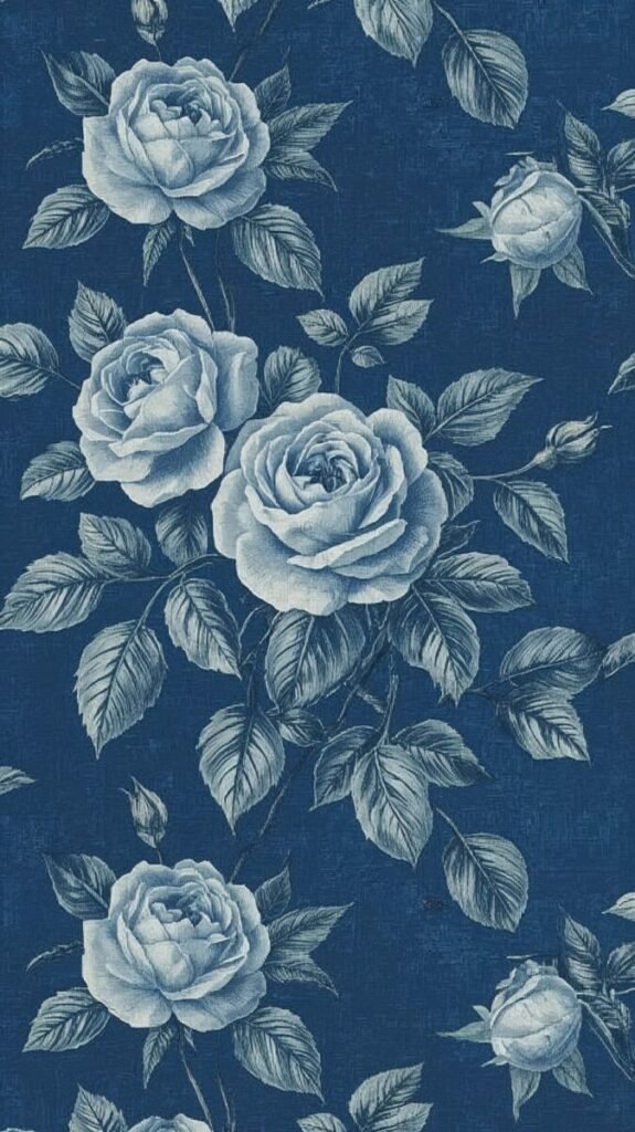 Vertical Royal Blue Floral Wallpaper with Intricately Detailed Artwork