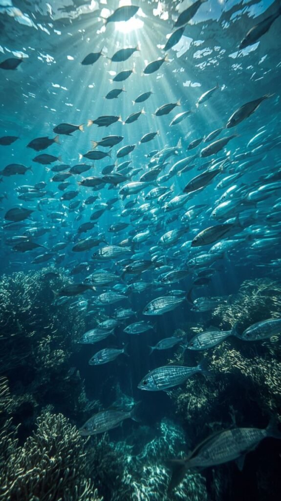 Hundreds of small silver fish in a massive school with shimmering scales