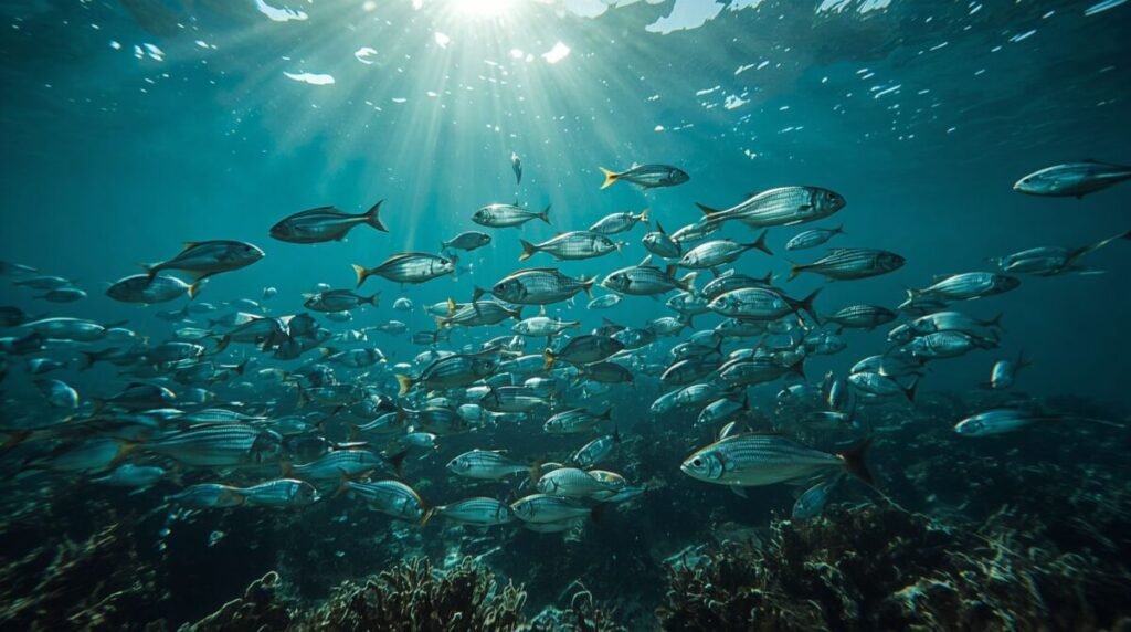 School of silver fish with shimmering iridescent scales swimming in formation