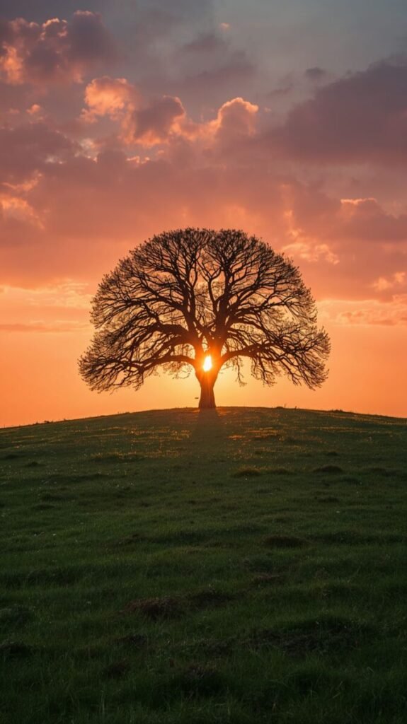 Lucid realism single tree with intricate branches and a sturdy trunk, vertical against sky