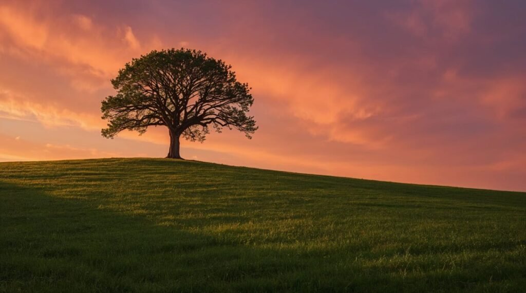 Lucid realism single tree with intricate branches and a sturdy trunk, wide landscape view 3