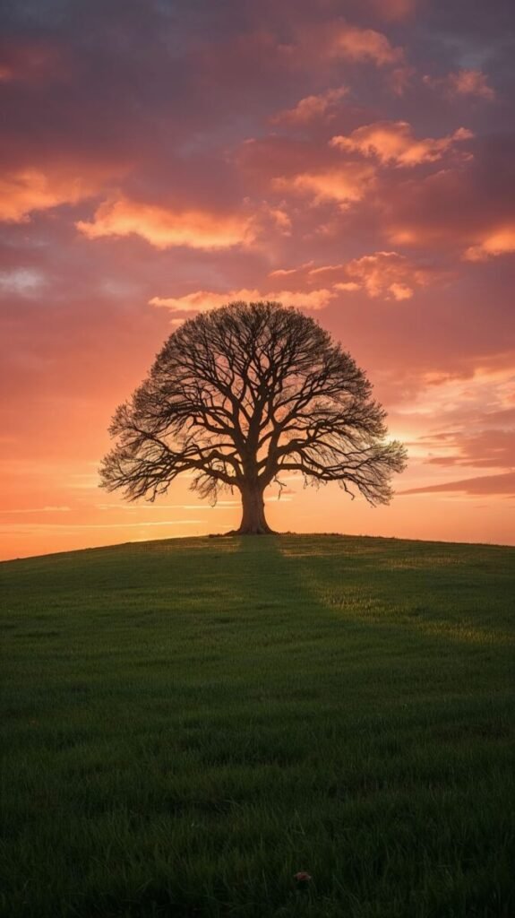 Lucid realism single tree with intricate branches and a sturdy trunk, vertical silhouette