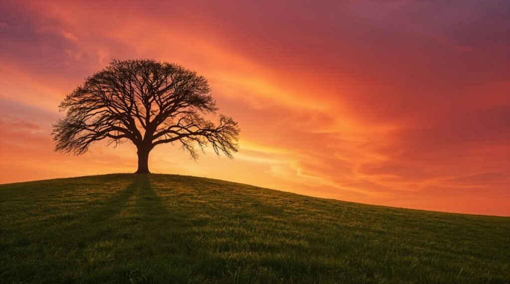 Lucid realism single tree with intricate branches and a sturdy trunk, wide landscape view 1