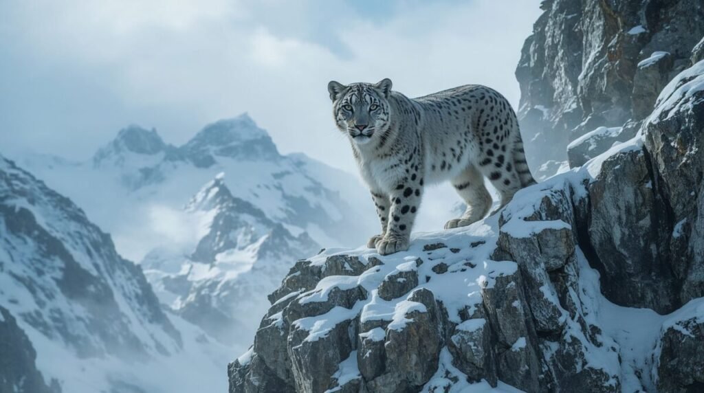Snow Leopard wallpaper with thick white fur and piercing green eyes