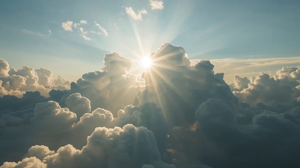 Fluffy white clouds with powerful sunlight
