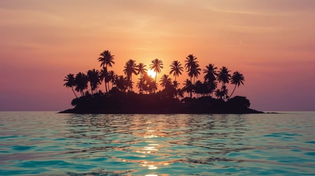 Cinematic sunset tropical island silhouette
