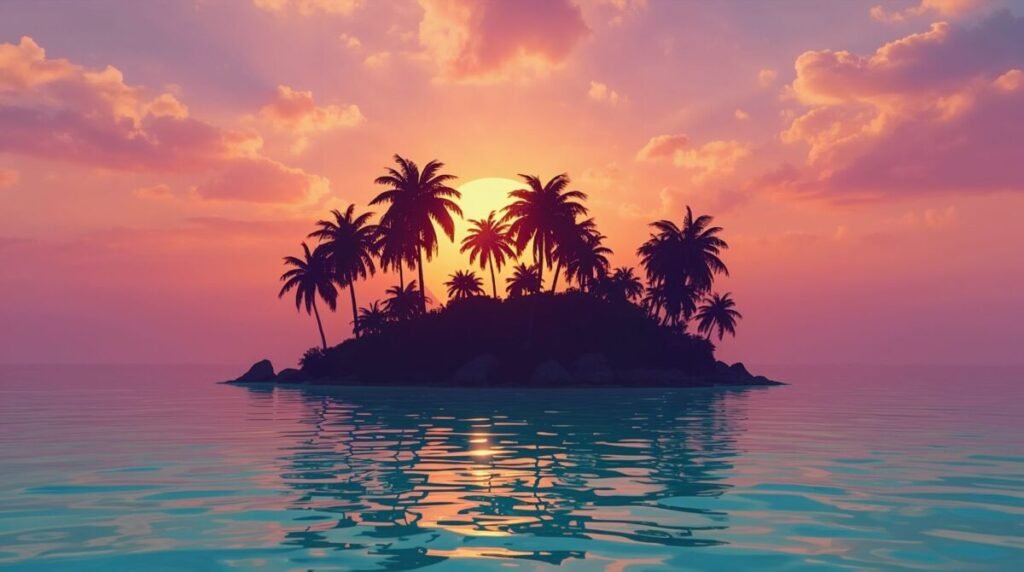 Tropical island sunset with palm silhouette landscape