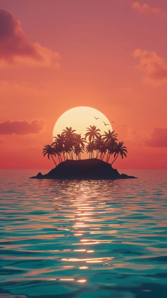 Sunset tropical island wallpaper featuring slender palm trees