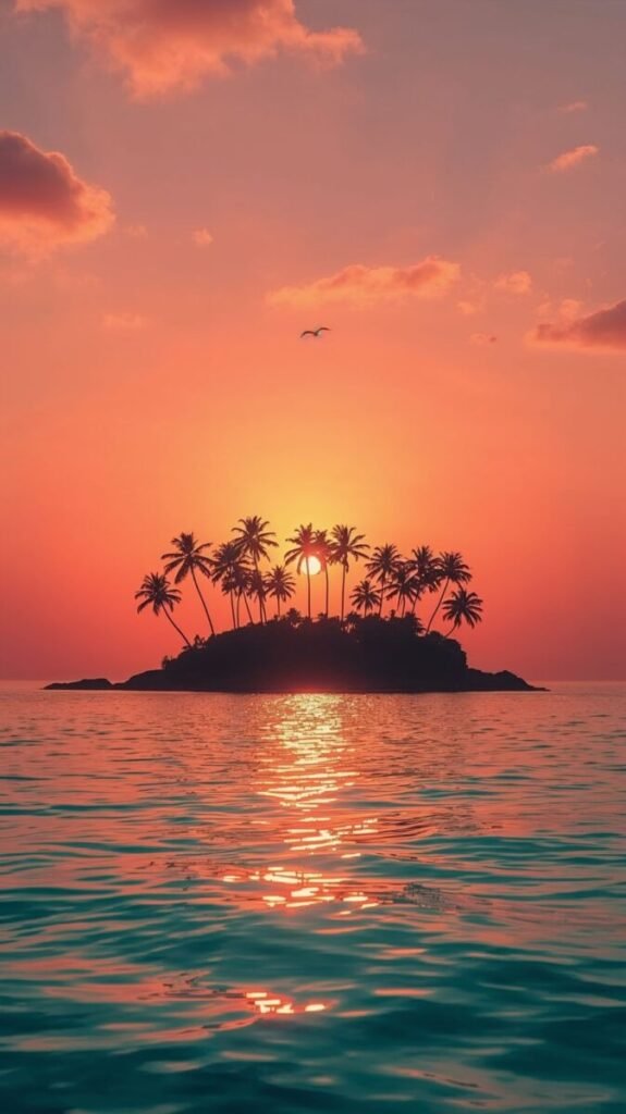 Portrait sunset tropical island with slender palms