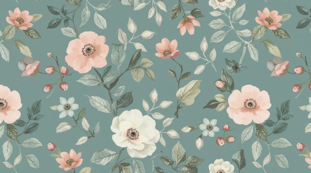Teal Floral Wallpaper with Pale Pink Accents