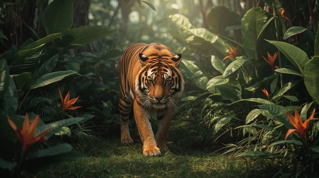 Horizontal image of a large tiger moving through dense, bright jungle foliage.
