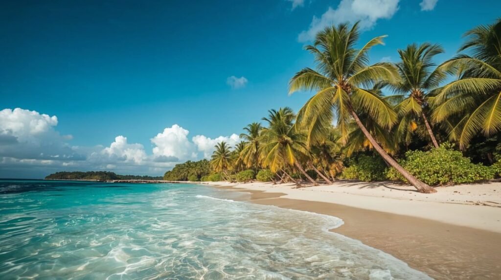 Lucid realism tropical beach wallpaper with vibrant turquoise water landscape