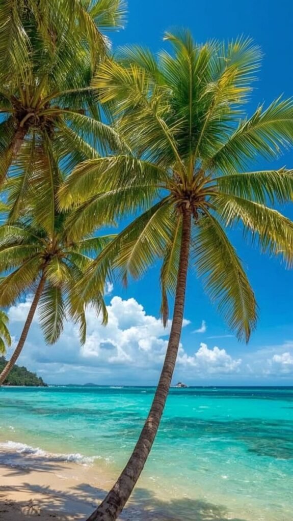 Lucid realism tropical palm trees with slender trunks and large fronds, vertical tropical shot