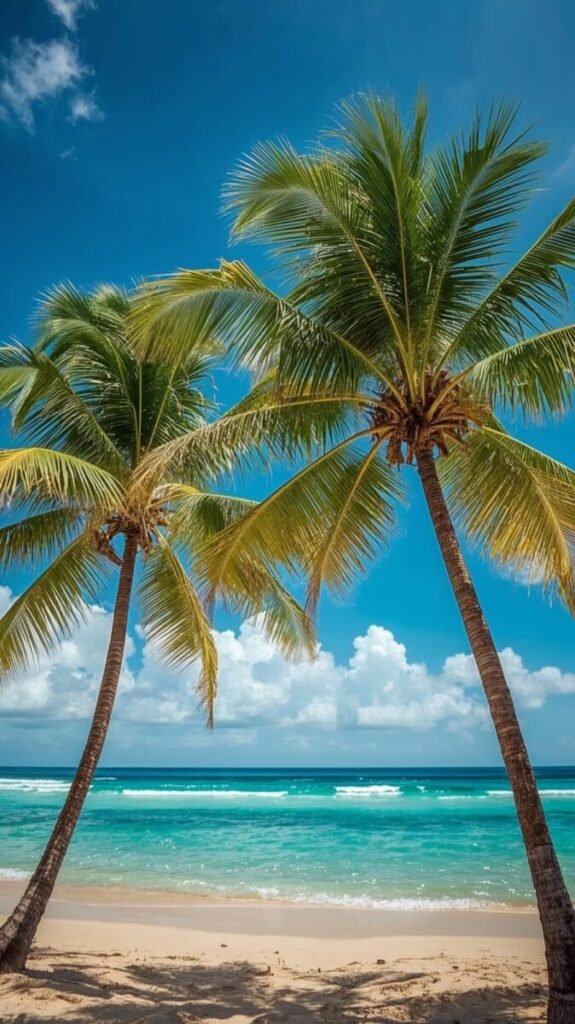 Lucid realism tropical palm trees with slender trunks and large fronds, vertical focus