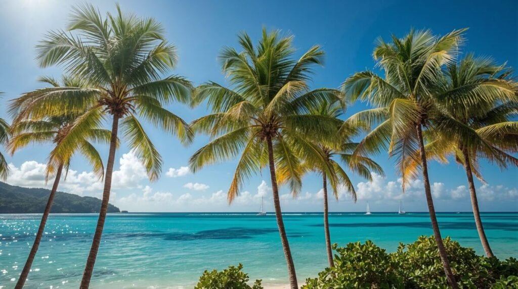 Lucid realism tropical palm trees with slender trunks and lush fronds, serene island setting wide