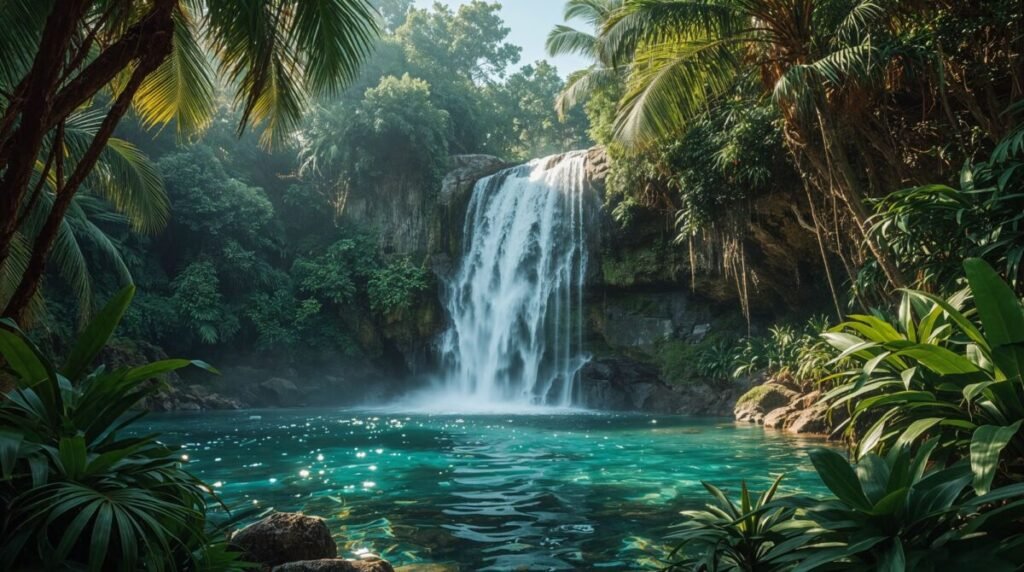 Majestic tropical waterfall surrounded by greenery