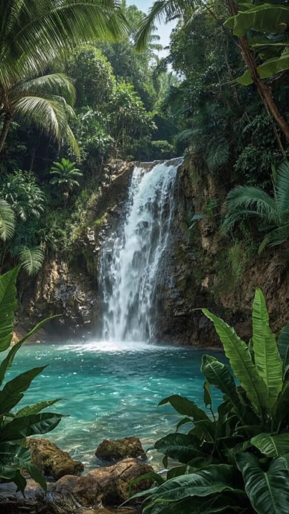 Vertical tropical waterfall mobile background