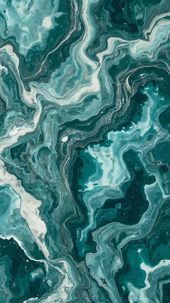 Bright Turquoise Marble Wallpaper with Detailed Tropical Pattern