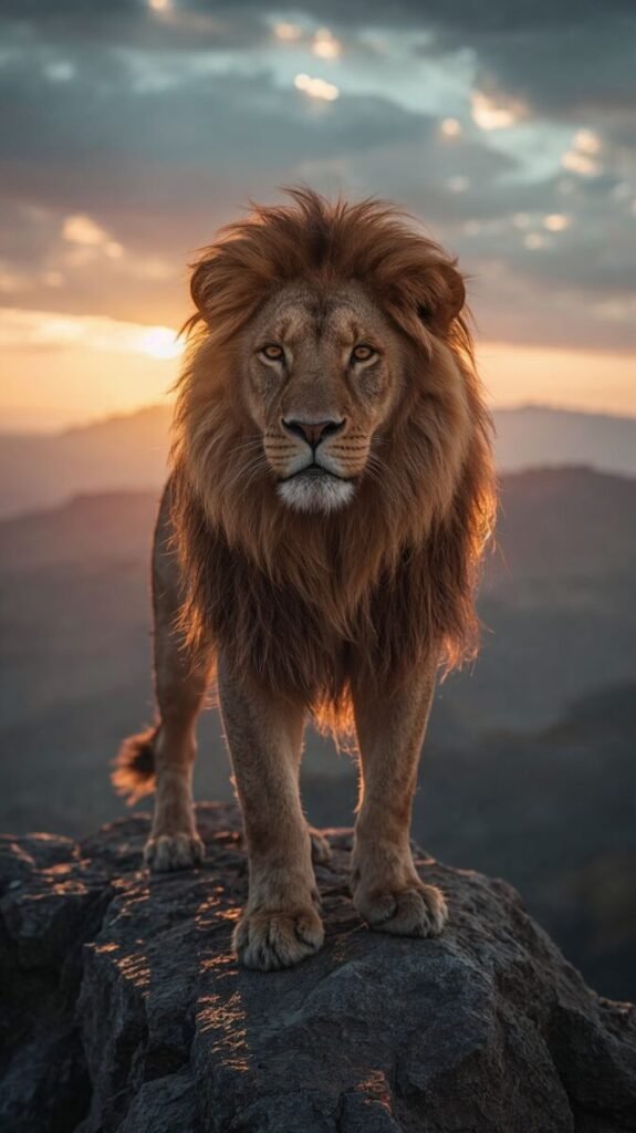 Majestic lion with thick golden mane vertical