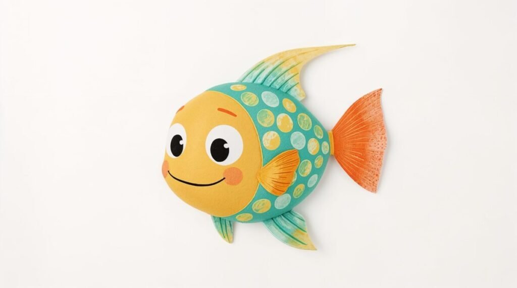 Vibrant cartoon fish illustration featuring a smiling, blue and yellow small fish