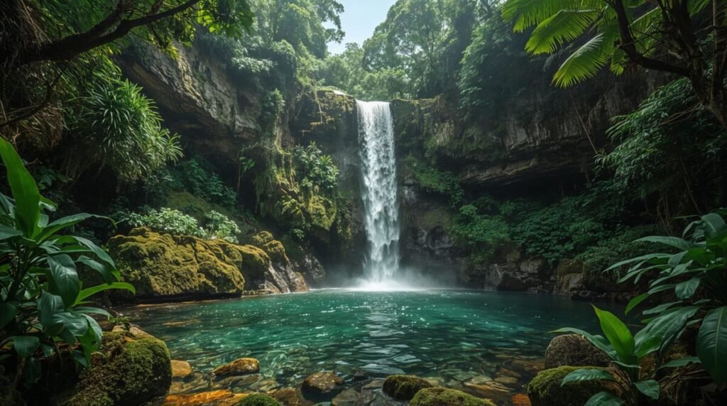 Horizontal image of a jungle waterfall flowing down a rugged rockface.