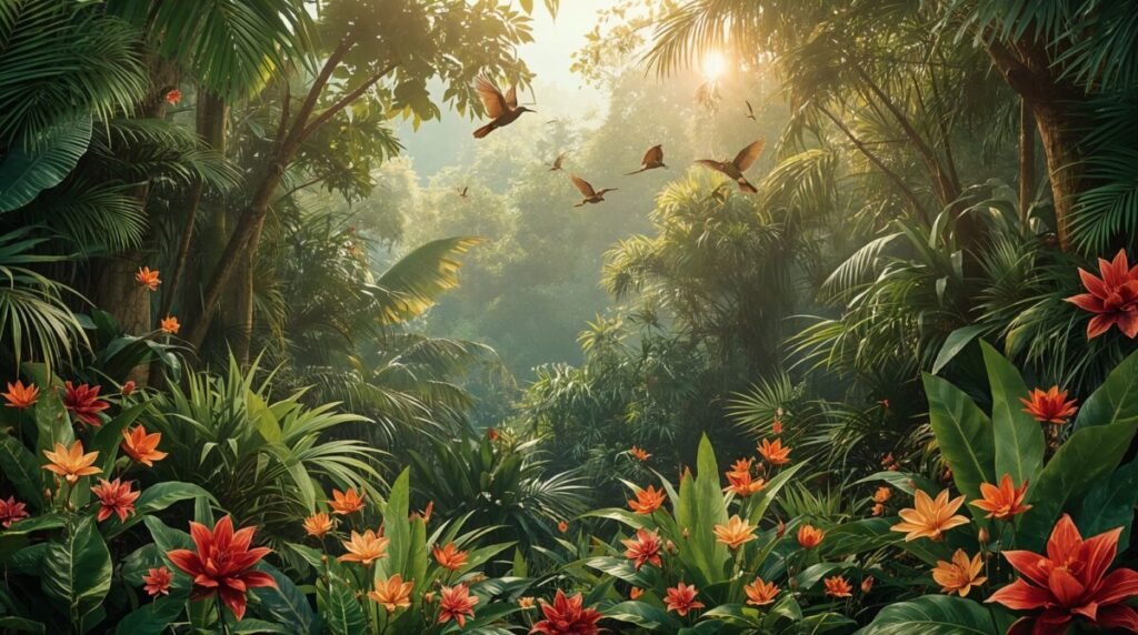 Wide-angle view of a wild jungle landscape featuring many vibrant, exotic flowers.