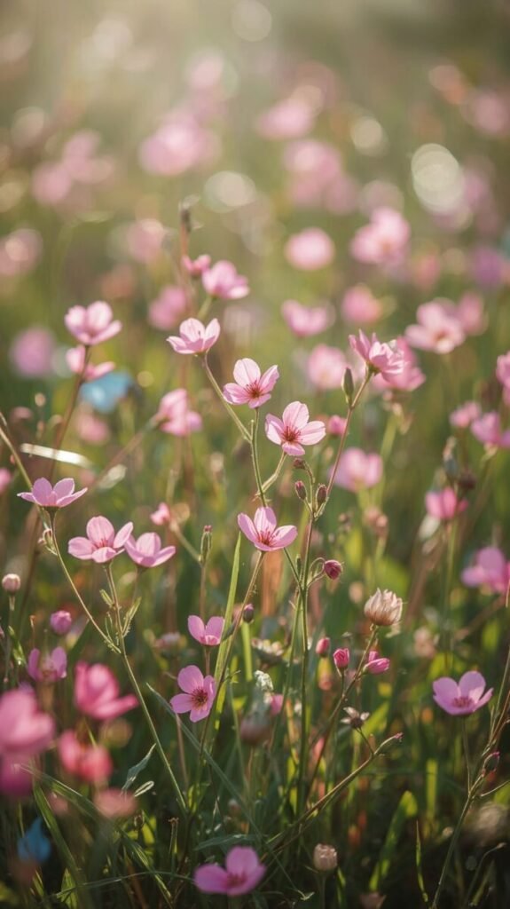 Vertical shot of soft wild pink flowers