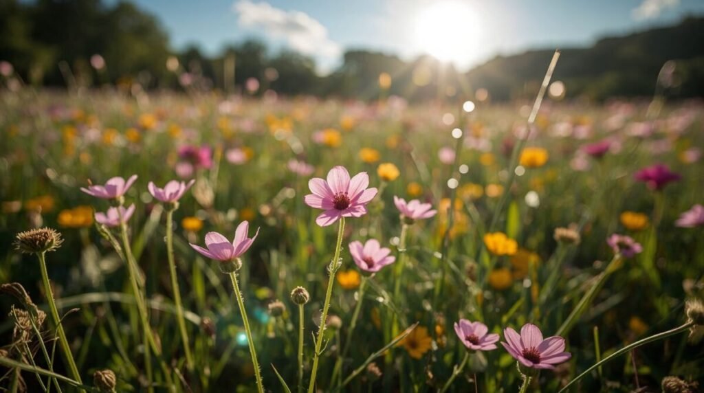 Lush wild pink flower field wallpaper