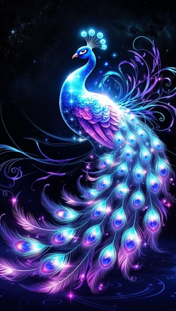 Vertical Fantasy Peacock Composed of Radiant Light and Shimmer