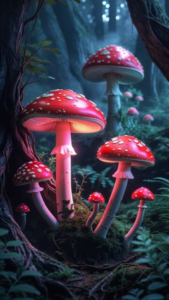 Neon style dark mushroom wallpaper for smartphones