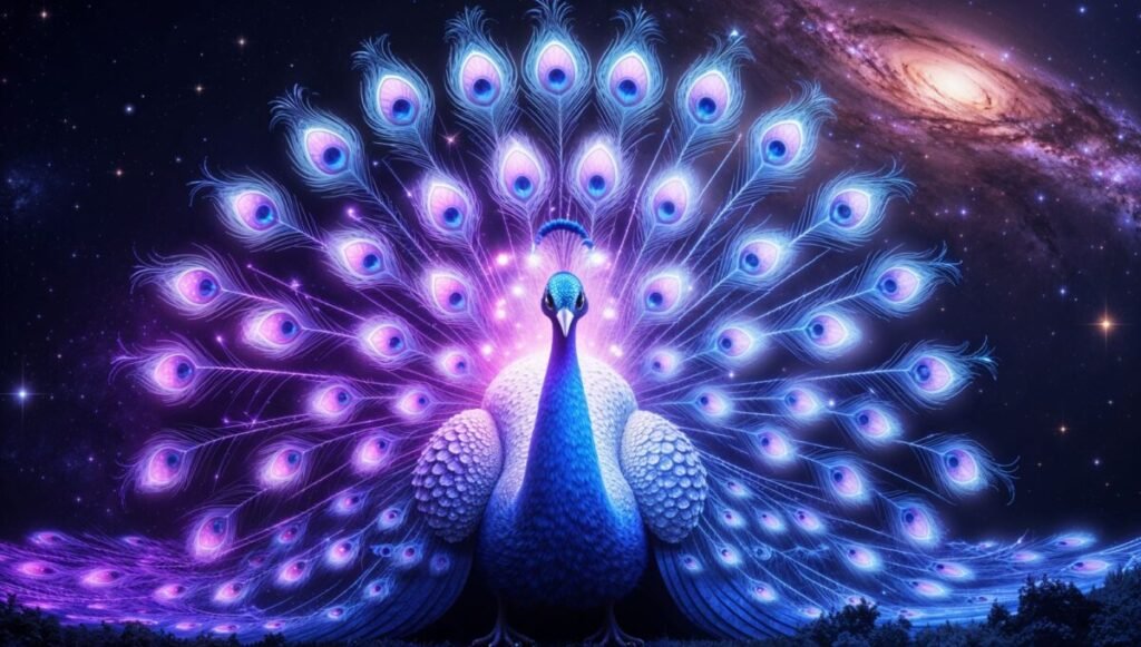 Wide Fantasy Peacock Composed of Luminescent Light and Swirls