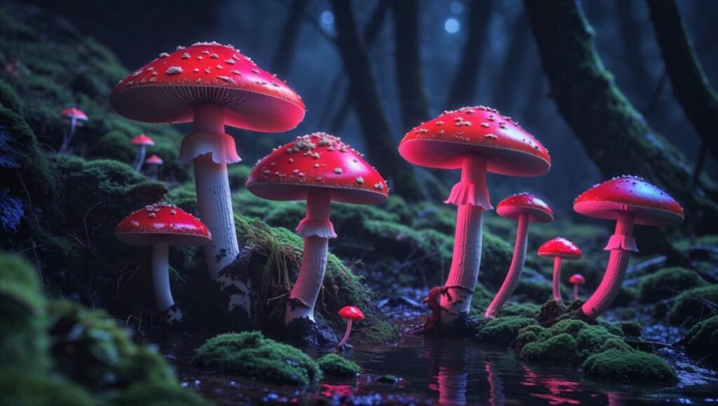 Cyberpunk neon red mushroom digital art wallpaper